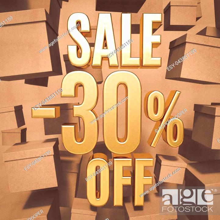 Stock Photo: Gold 30 Percent Off Discount 3d Sign with Packaging Boxes Sale Banner Template, Special Offer 30% Off Discount Tag, Golden Sale Sticker, Gold Sale Symbol.
