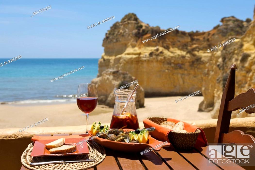 Stock Photo: Restaurant at Praia dos Tres Irmaos near Alvor, Algarve, Portugal, Europe.