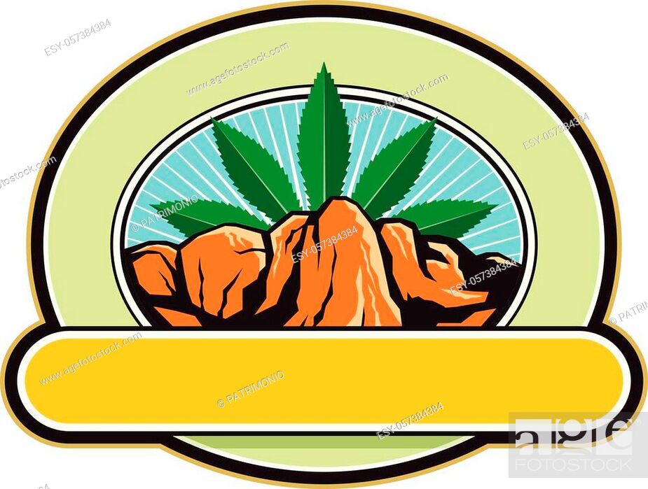 Stock Vector: Retro style illustration of a mountain or canyon with steep cliff and hemp leaf in background set inside oval shape with banner in foreground on isolated.