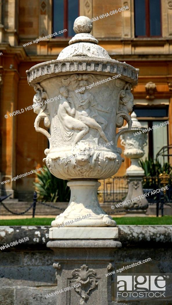 Stock Photo: View of an urn within the gardens of Waddesdon Manor, a country house in the village of Waddesdon. Built in the Neo-Renaissance style of a French château for.