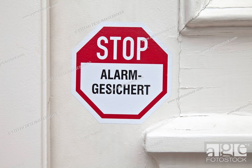 Stock Photo: Stop, alarm system, sticker on the door, Germany.
