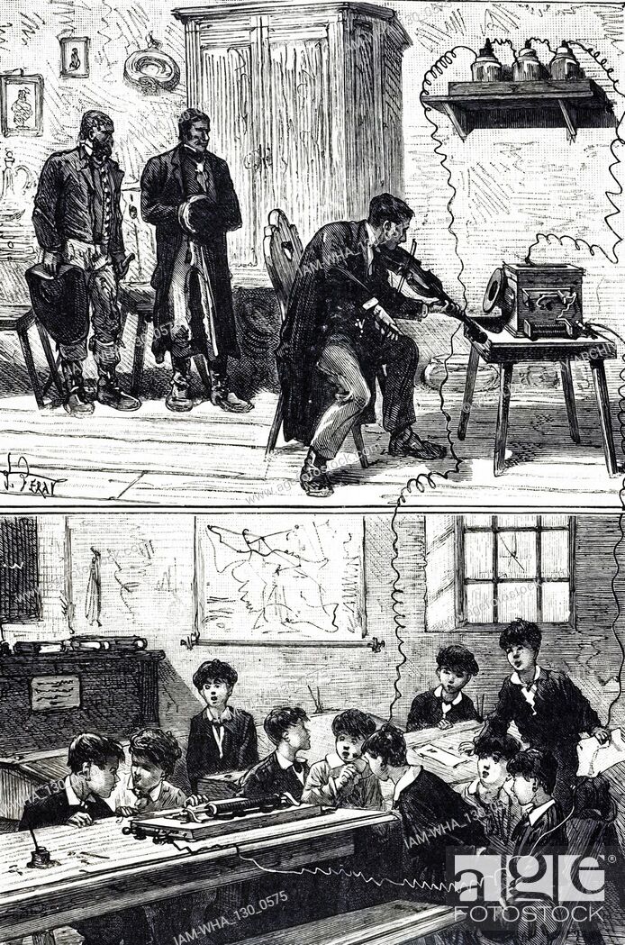 Stock Photo: An engraving depicting Johann Philipp Reis demonstrating his ""musical"" telephone. Johann Philipp Reis (1834-1874) a German scientist, teacher and inventor.