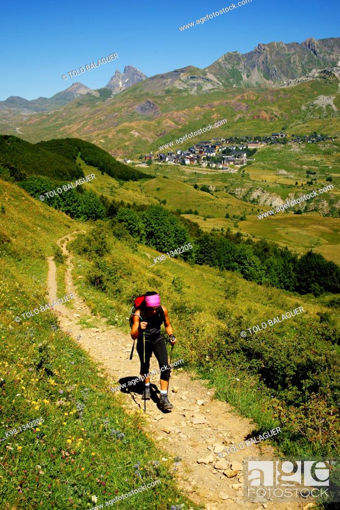 Stock Photo: walker in Valle de Tena Huesca Pyrenees Pyrenees Mountains Spain.