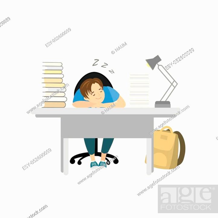 Tired teenager boy sleep at the table with books, cartoon vector  illustration, Stock Vector, Vector And Low Budget Royalty Free Image. Pic.  ESY-052600059 | agefotostock