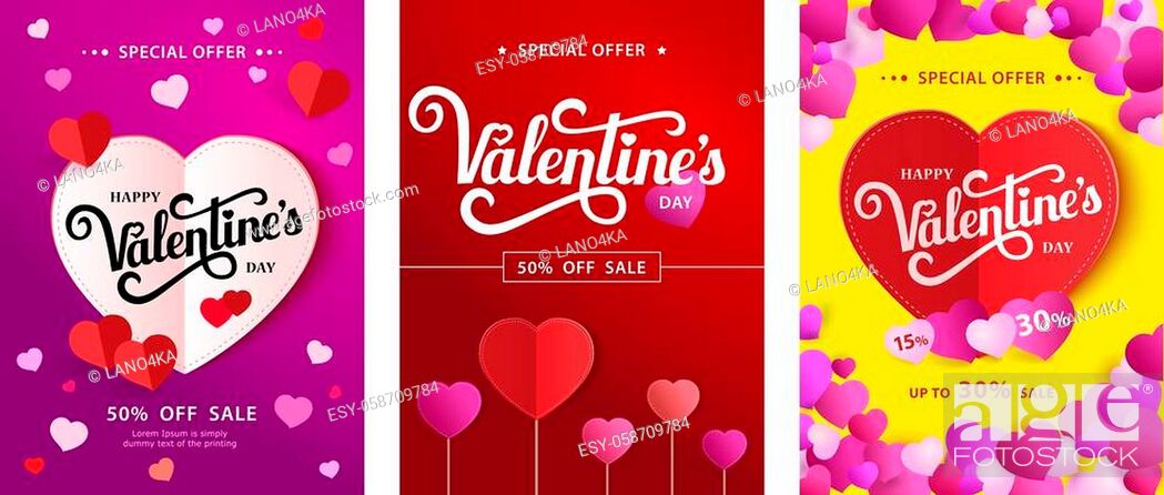 Vector: Set Design Poster with lettering Happy Valentine s Day. Up to 30 sale. Paper heart on a bright background with small pink hearts. Vector illustration.