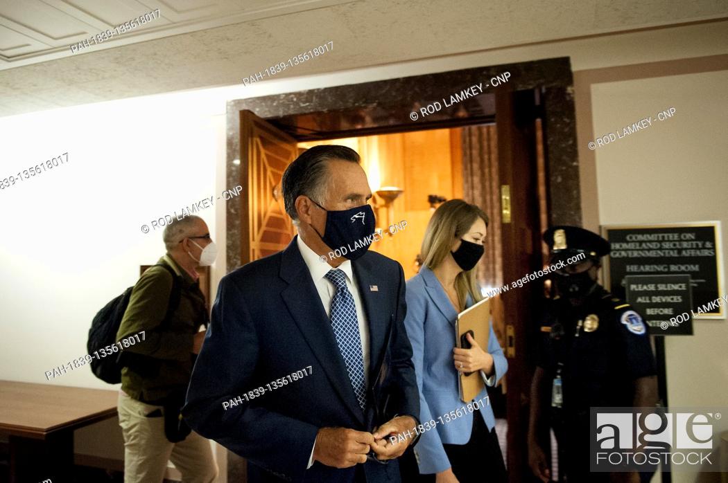 Stock Photo: United States Senator Mitt Romney (Republican of Utah), makes his exit following a US Senate Homeland Security and Governmental Affairs business meeting to.