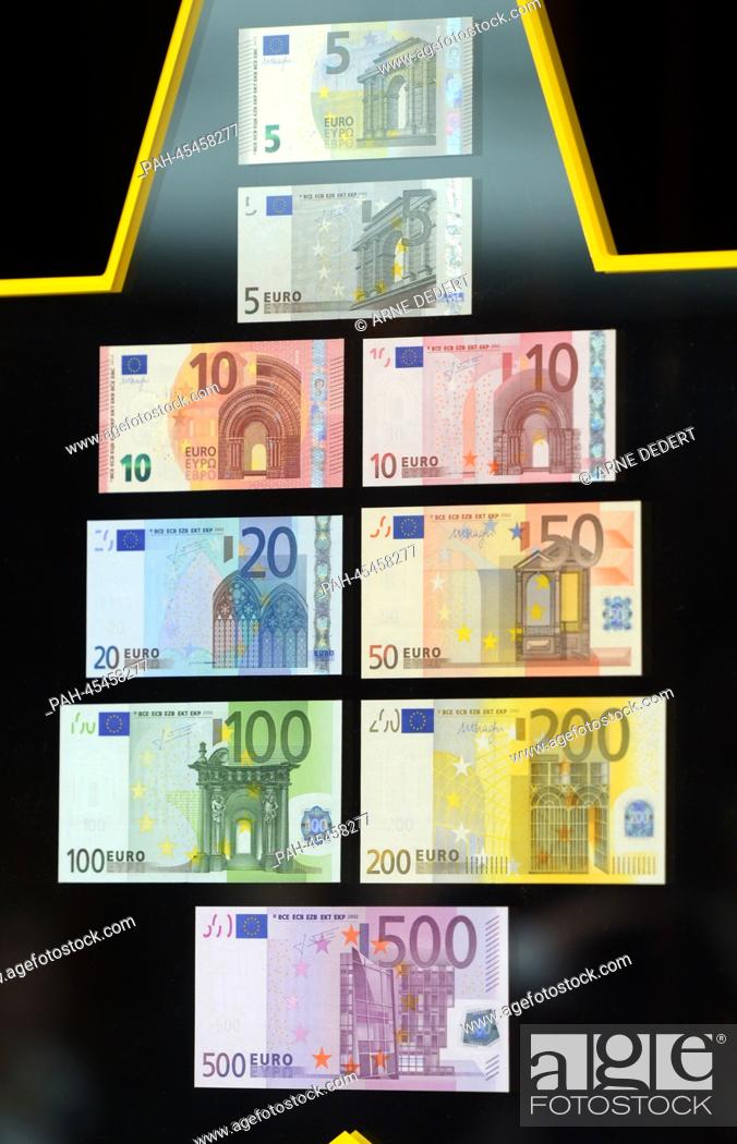 Stock Photo: Different euro banknotes are presented in the headquarters of the European Central Bank ECB in Frankfurt Main, Germany, 13 January 2014.