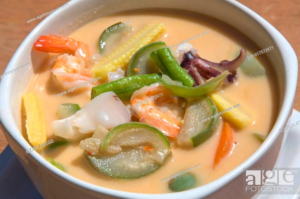 Stock Photo: Thai soup with seafood.