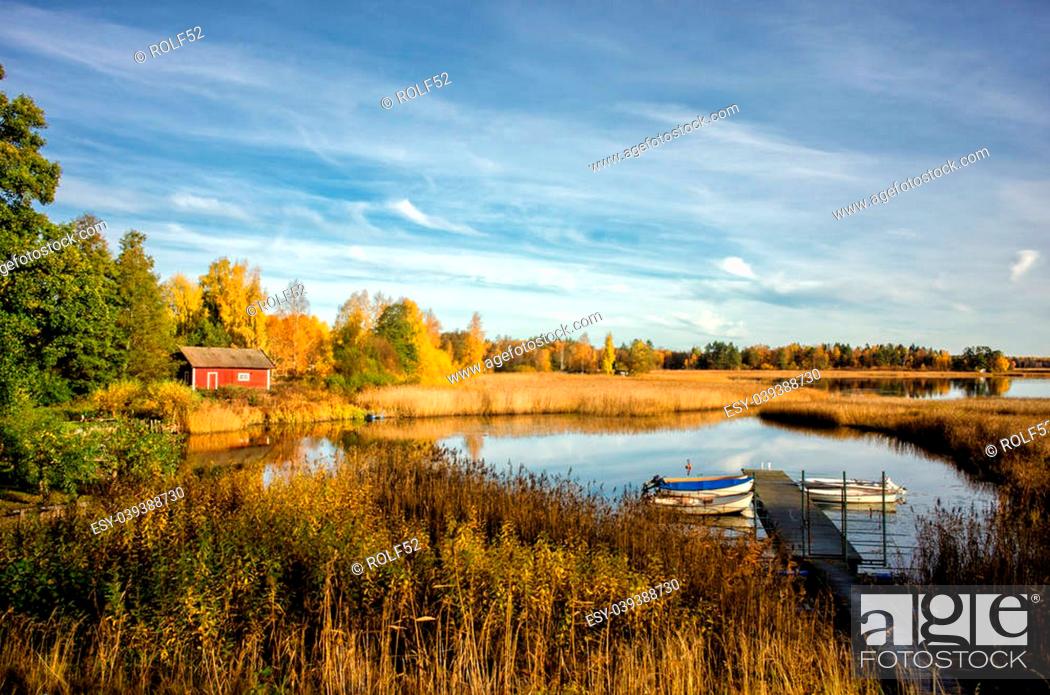 Stock Photo: Autumn morning at lake Sottern in Svennevad, Sweden. Svennevad is close to the geographical midpoint of Sweden.