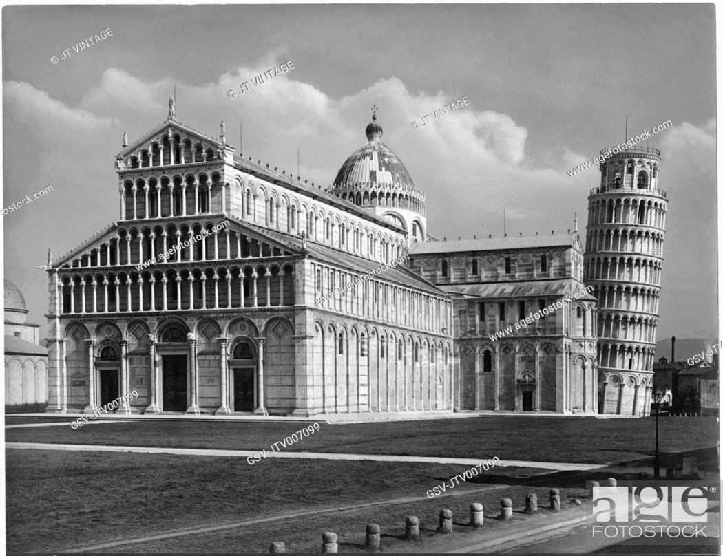 Stock Photo: Cathedral and Tower, Pisa, Italy, Albumen Print, circa 1880.