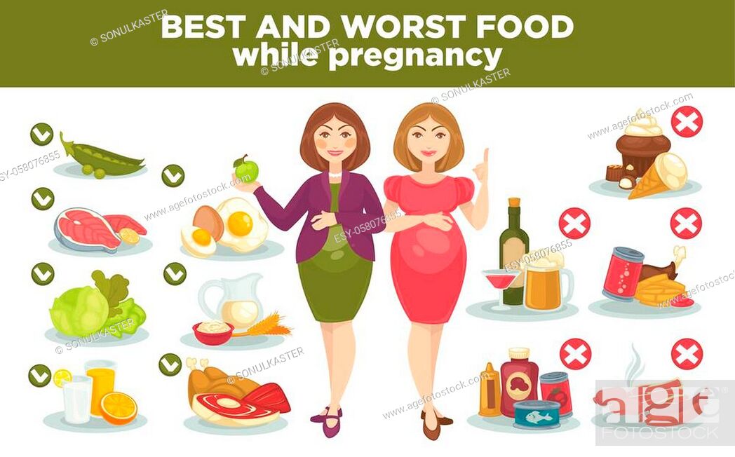 Pregnancy diet best and worst food while pregnant. Vector set with woman  and health food for healthy..., Stock Vector, Vector And Low Budget Royalty  Free Image. Pic. ESY-058076855 | agefotostock