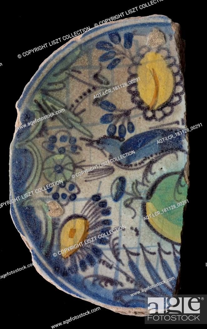 Stock Photo: Fragment majolica dish, polychrome, bird in Chinese garden, dish plate crockery holder soil find ceramic earthenware glaze, Cooked on prunes.