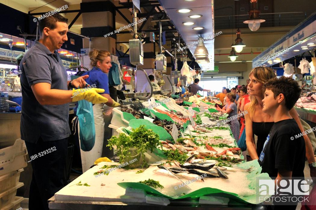 Stock Photo: Fish stall, indoor market, Mercat de L'Oliver, Palma de Majorca, Majorca, Spain, Europe.