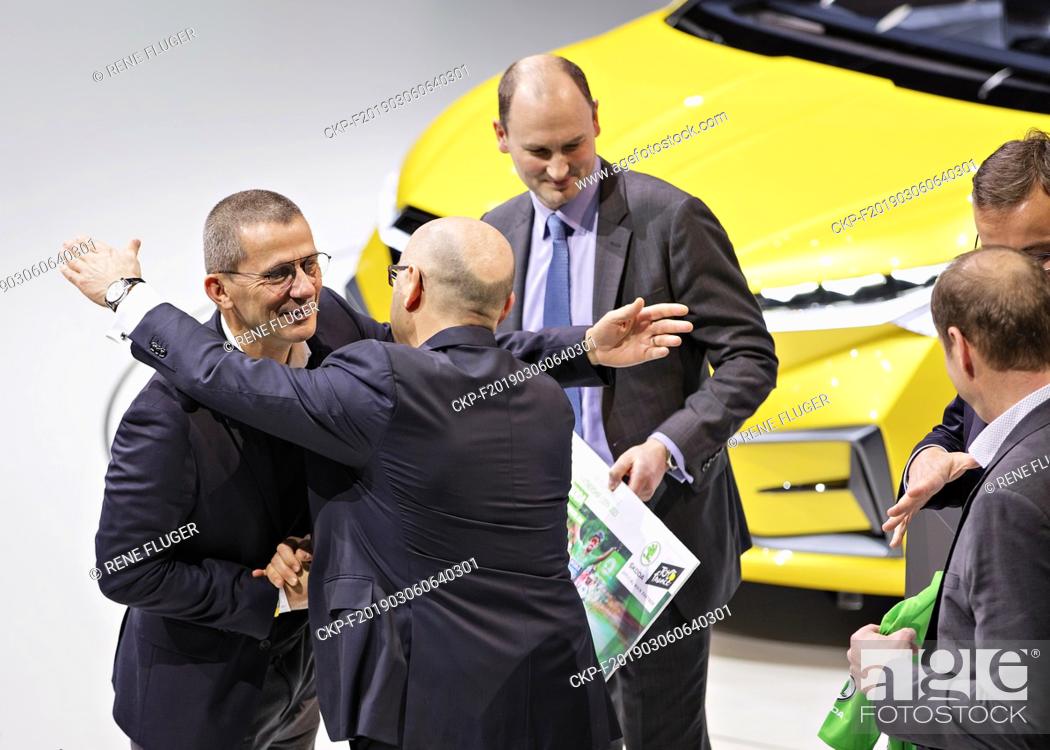 Stock Photo: Skoda Auto CEO Bernhard Maier (2nd from left) signed a sponsorship contract with Tour de France organiser A.S.O. up to 2023 during the 2019 Geneva International.