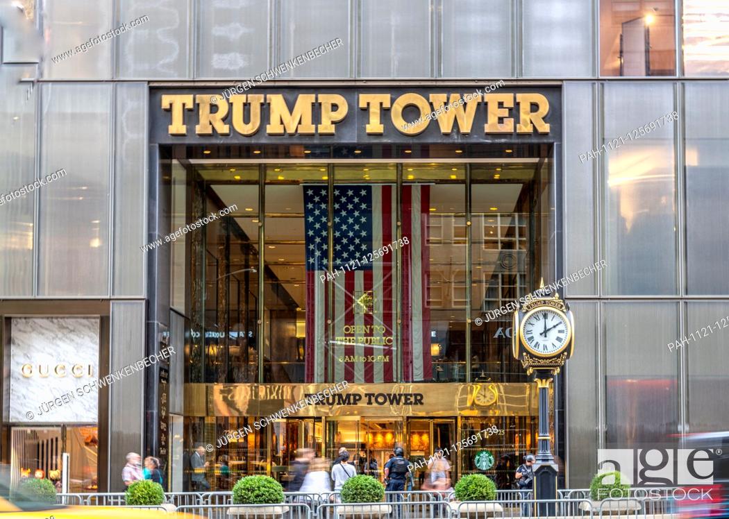 Stock Photo: The entrance area of the 202 metre high Trump Tower on Fifth Avenue in Manhattan is also open to tourists. The current US president had the residential and.