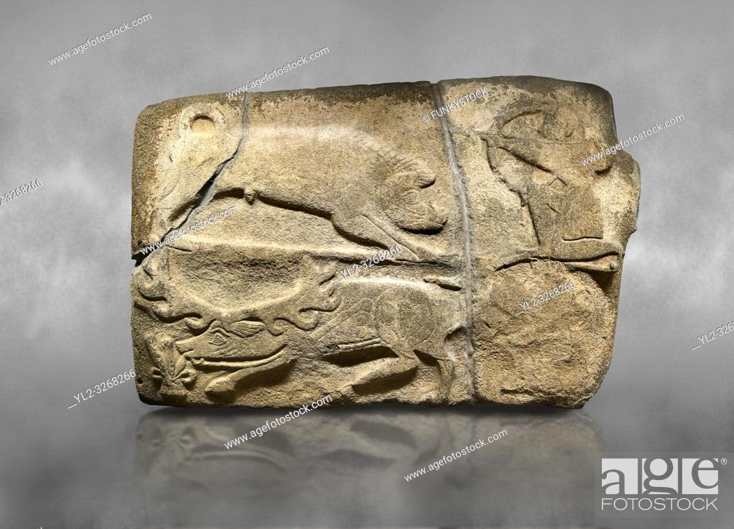 Stock Photo: Alaca Hoyuk Hittite monumental relief sculpted orthostat stone panel of a hunt. Anatolian Civilizations Museum. Ankara. Turkey. .