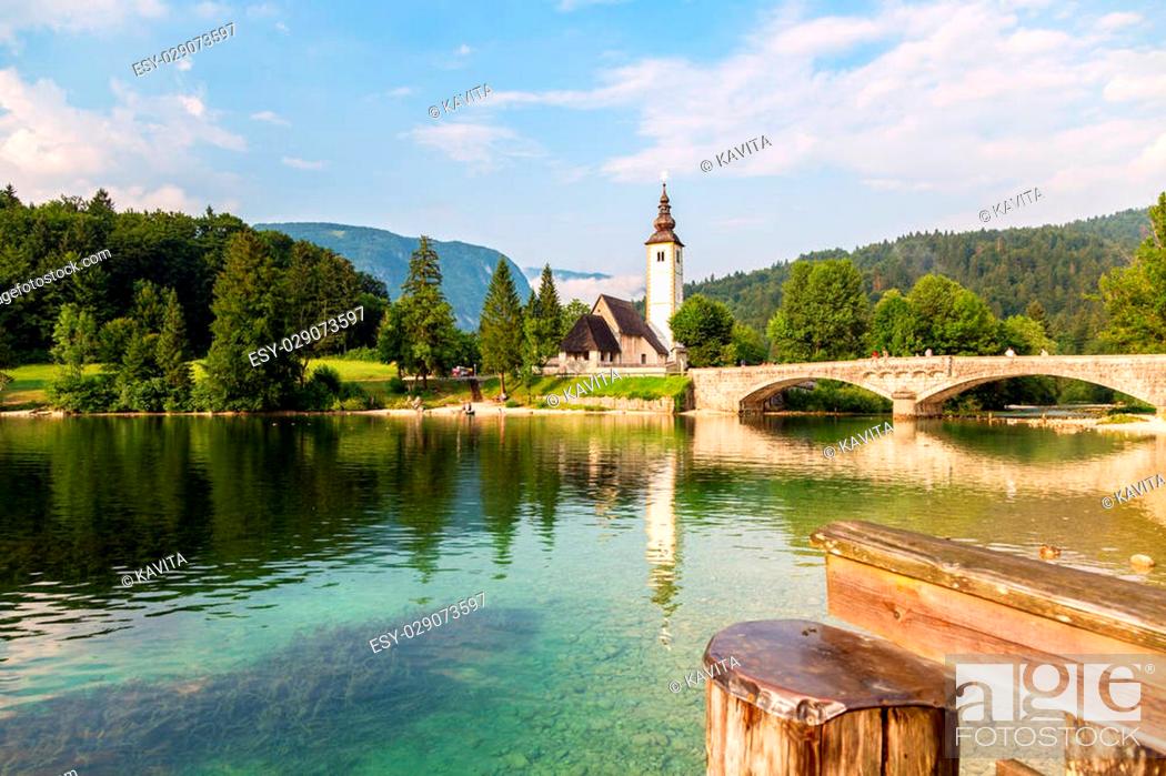 Stock Photo: Church of St John the Baptist, Bohinj Lake, Slovenia.