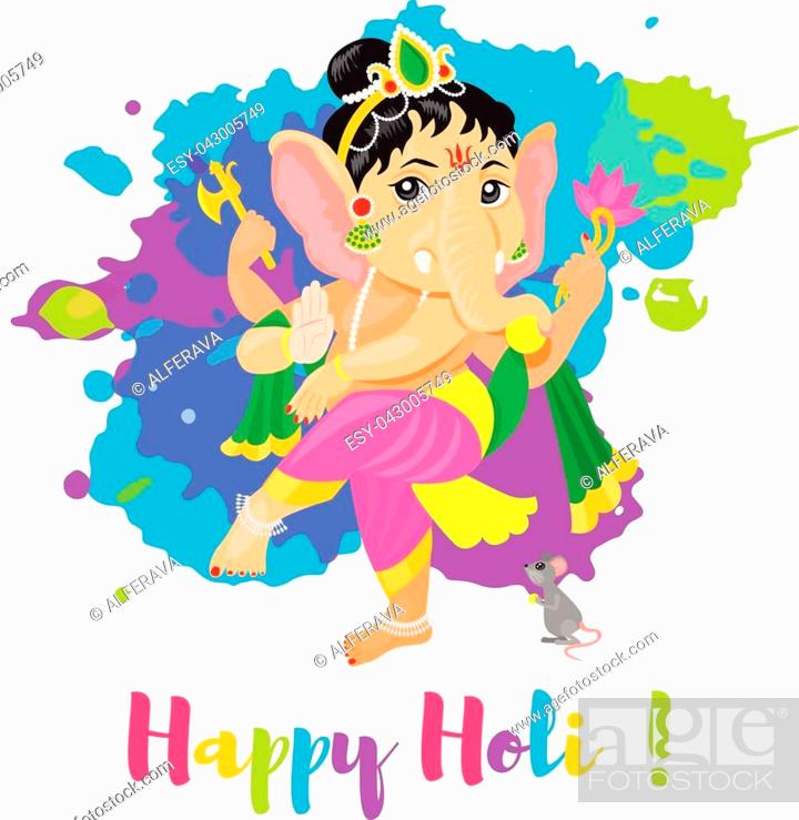 Happy Holi Holiday poster with Lord Ganesha God. Colorful flat cartoon  style illustration, Stock Vector, Vector And Low Budget Royalty Free Image.  Pic. ESY-043005749 | agefotostock