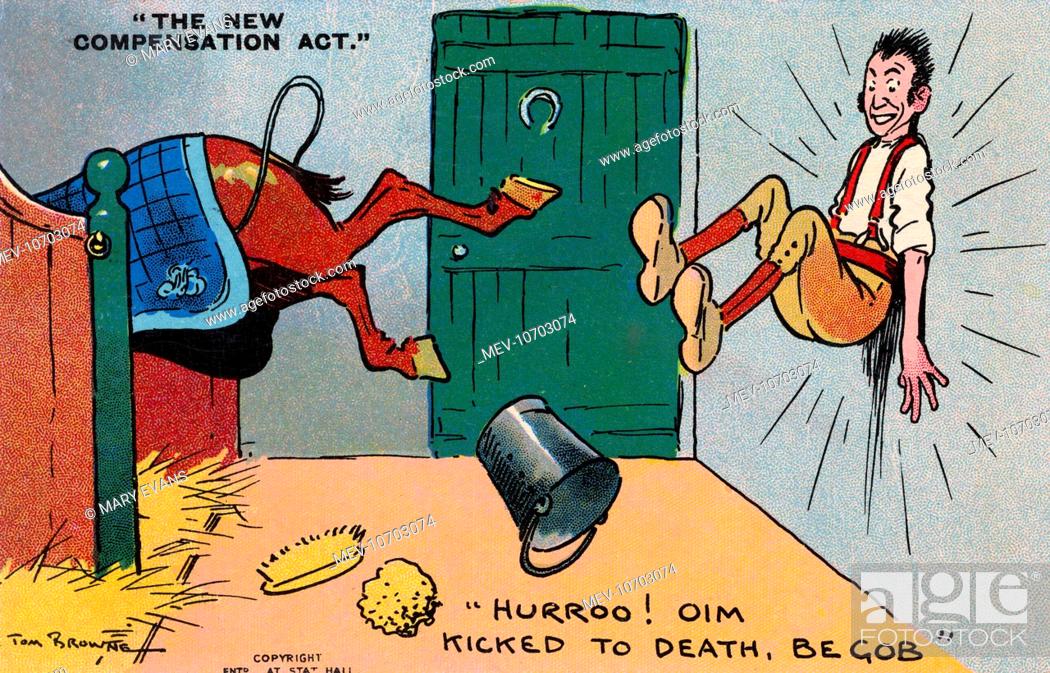 Imagen: The New Compensation Act - Hurroo! Oim kicked to Death, Be Gob! - a Yokel Stable Lad is not unduly concerned at being kicked against the stable wall.