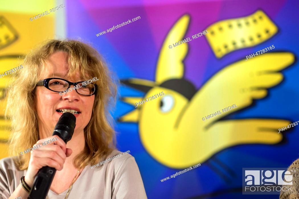 Stock Photo: Festival Director Margret Albers introduces this year's programm of the mascot of the Golden Sparrow - German Children's Film and Television Festival in Gera.