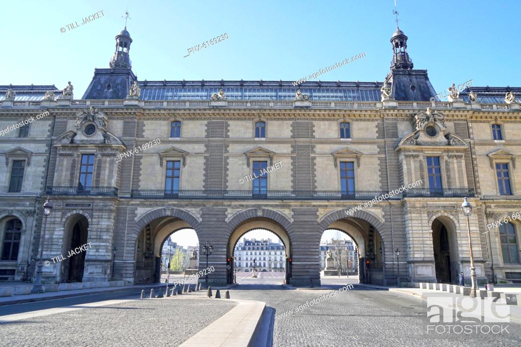 Stock Photo: Paris (1st arr.) 04/01/20. The Louvre, Denon wing, Place du Carrousel completely empty following the confinement of the population to fight against the COVID-19.