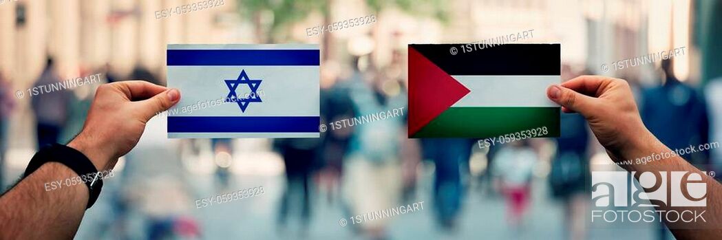 Stock Photo: Hands holding Palestine vs Israel flags as dispute on politics, culture, religion and territory. Diplomacy and future strategy, relations between countries.