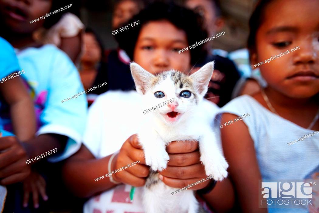 Stock Photo: A kitten being held up by a little Thai girl while standing in a group.