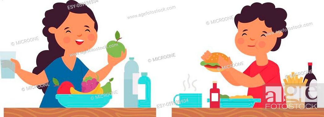 Boy girl eating. Person eat, healthy breakfast. Cartoon kids on lunch or  dinner, Stock Vector, Vector And Low Budget Royalty Free Image. Pic.  ESY-059936934 | agefotostock