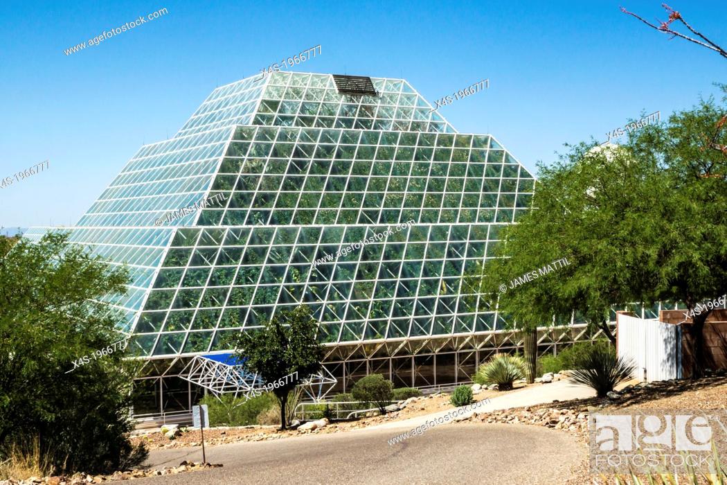 Stock Photo: The huge glass Biosphere2 greenhouse near Oracle, Arizona USAis used to study the potential for space colonization.