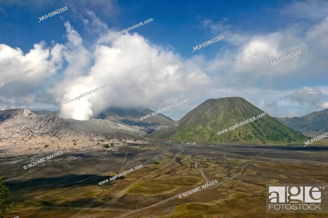 Stock Photo: Active crater of Bromo on the left and volcano Batok on the right, Bromo Tengger Semeru National Park, Java Island, Indonesia.