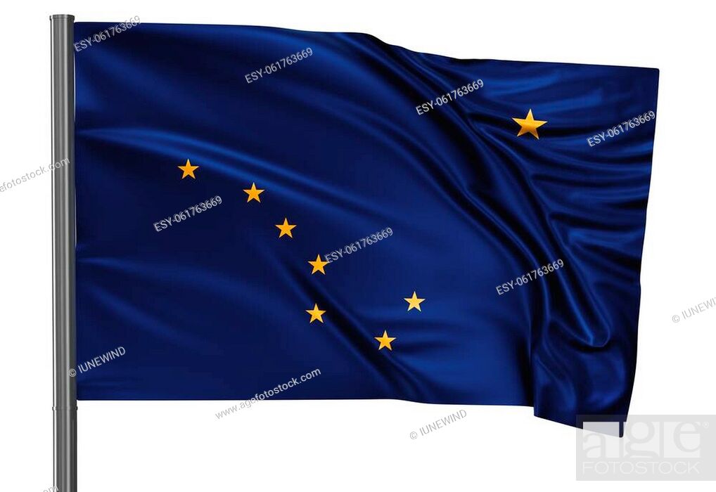 Stock Photo: Alaska US state flag waving in the wind isolated on white background.