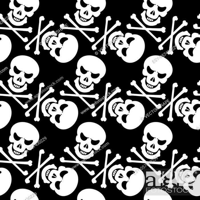 Stock Vector: black and white seamless pattern background with skulls and bones, simple bicolor style drawing, ideal for print, textile, web, and other designs.