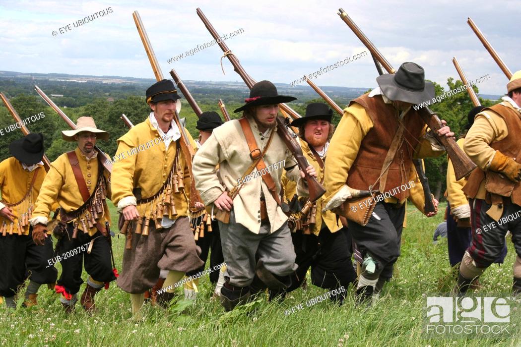 Stock Photo: Musketeers at the reenactment of the battle of Faringdon in the English Civil war.