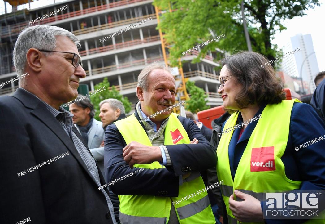 Stock Photo: dpatop - 24 April 2018, Germany, Berlin: Bernd Riexinger (L-R), chairman of the Left Party ""Die Linke"", Frank Bsirske, head of Verdi, and Andrea Nahles.