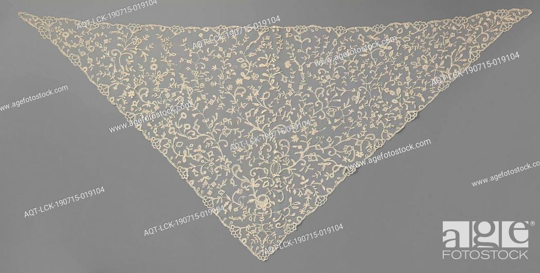 Stock Photo: Scarf made of appliqué lace with the open edge flowers, shawl made of natural colored appliqué lace, bobbin lace appliqued on machine tulle.