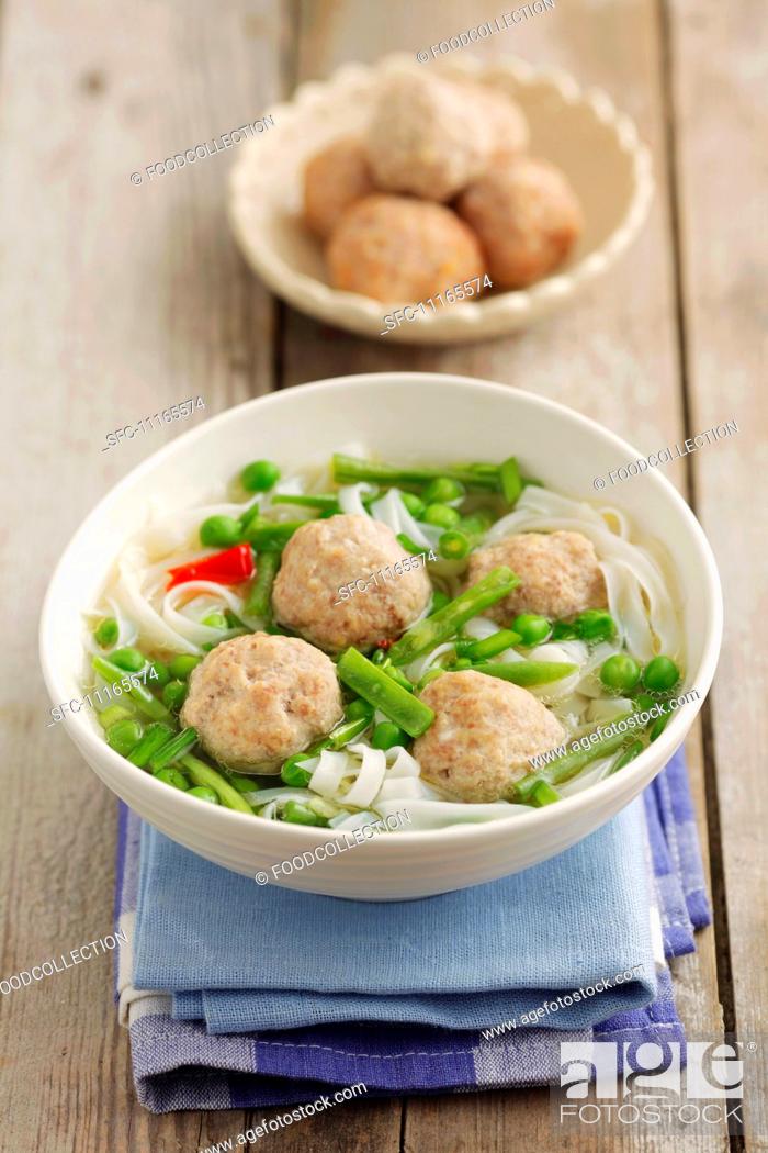Stock Photo: Soup with rice noodles and chicken meatballs.