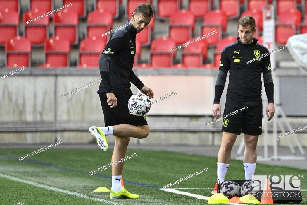 Stock Photo: Czech Republic national football team players L-R Tomas Soucek, Jakub Vydra in action during the training session prior to World Cup qualifier group E: Czechia.