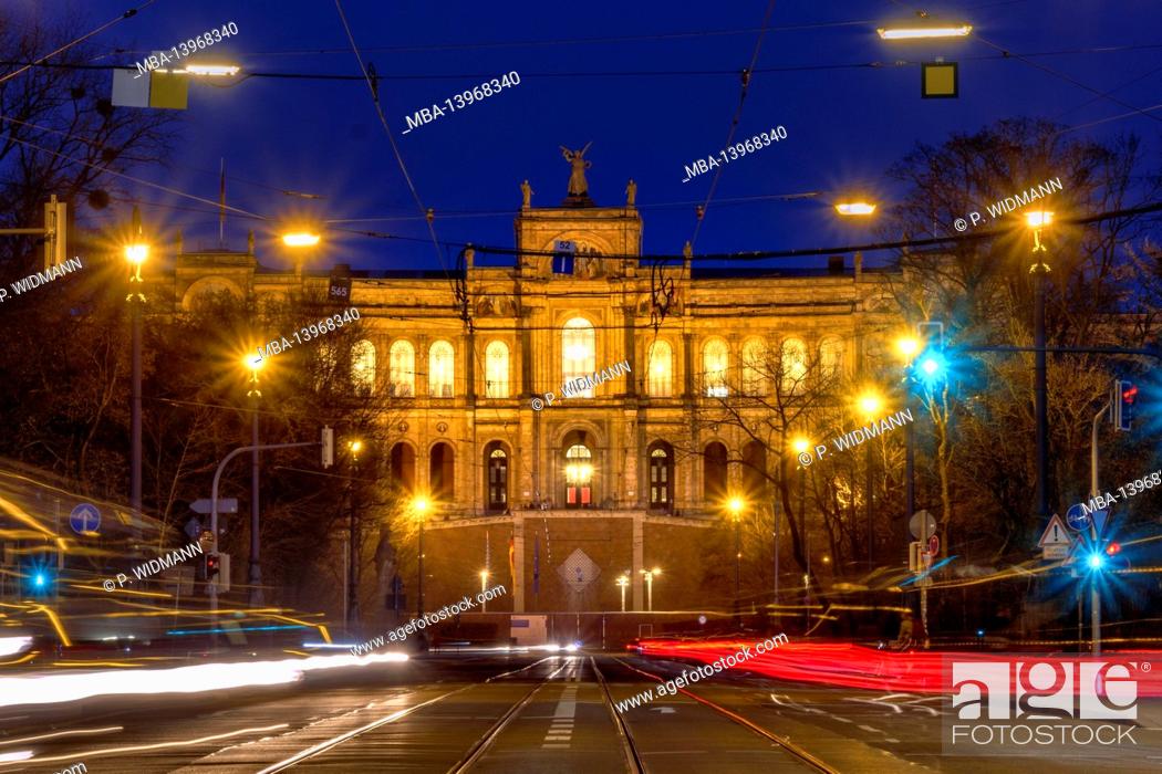 Stock Photo: Night shot of the Bavarian State Parliament, Maximilianeum, Munich, Bavaria, Germany, Europe.