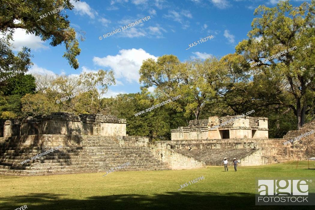 Stock Photo: Structure 9 on the left and Ball Court on the right, Copan archaeological park, Copan Ruinas, Honduras.