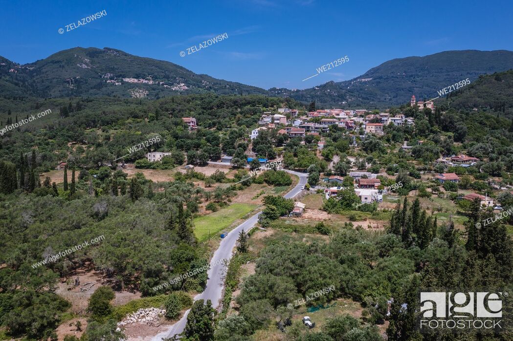 Stock Photo: Aerial view of Vouniatades village on Corfu Island, Greece, view with Ai Giannis church.