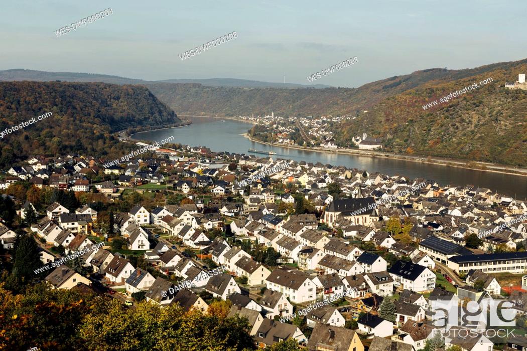 Stock Photo: Germany, Rhineland-Palatinate, view to Bad Salzig and Rhine River from above.