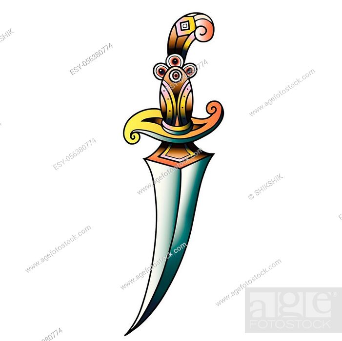 Traditional tattoo dagger knife. Colorful Tattoo. Vector illustration Old school tattoo line art, Foto de Stock, Vector Low Budget Royalty Free. Pic. ESY-056380774