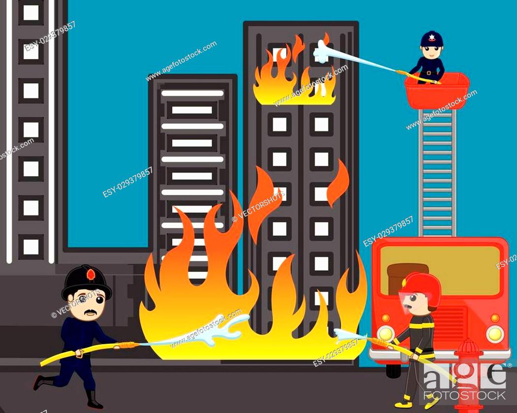 Firefighters Trying to Rescue the Burning Building Vector Illustration,  Stock Vector, Vector And Low Budget Royalty Free Image. Pic. ESY-029379857  | agefotostock