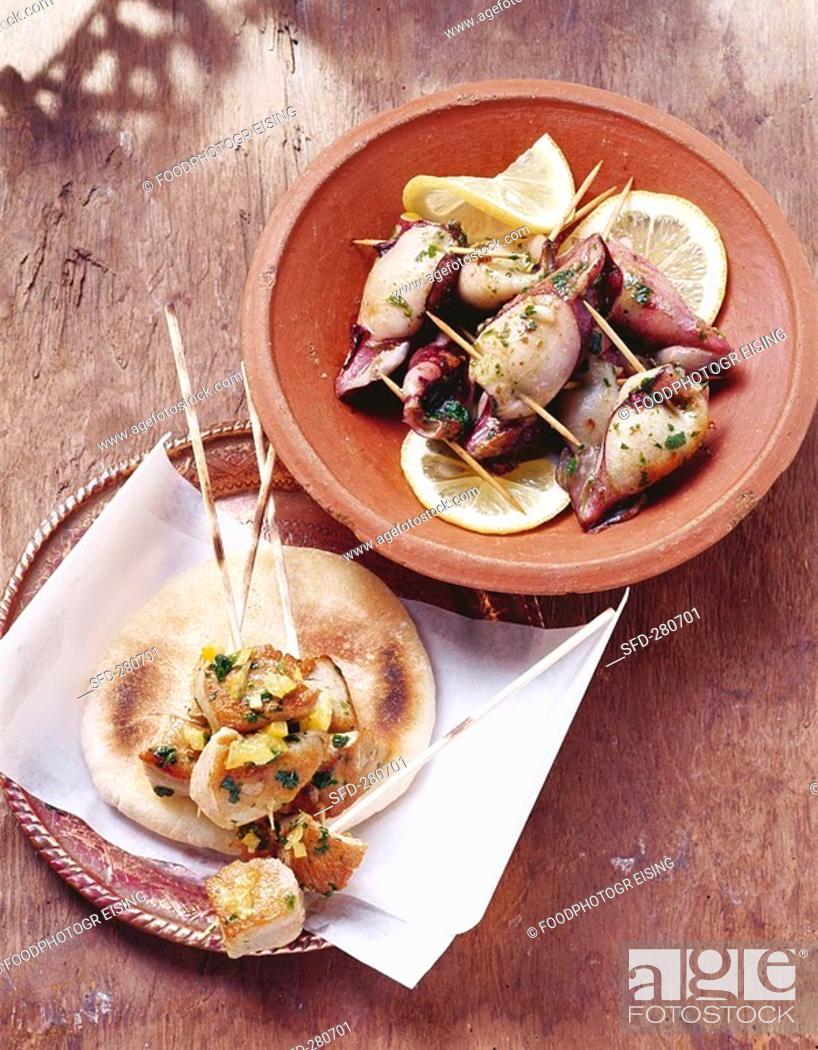 Stock Photo: Tuna kebabs and stuffed squid.