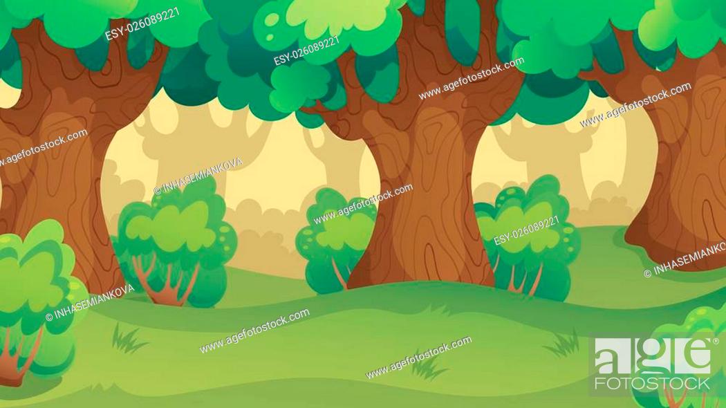 Stock Vector: Vector cartoon game background of forest oakwood landscape.
