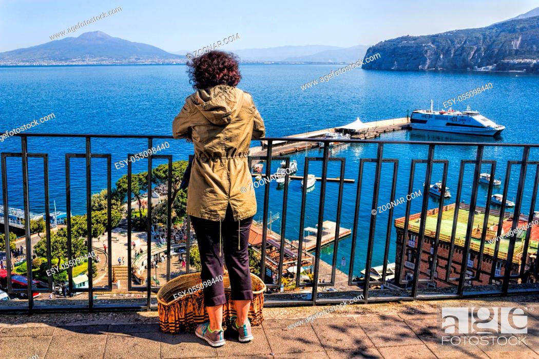 Stock Photo: Woman, Female, Holiday, Water, Tourism, Sea, Single, Italy, Ocean, Vacation, Boat, Panorama, Alone, Bank, Ship, Harbor, Port, Navigation, Frau, Boot, Solo, Lonely, Pier, Idyll, Solitary, Naples (Italy), Napoli, Meer, Ferry Boat, Campania