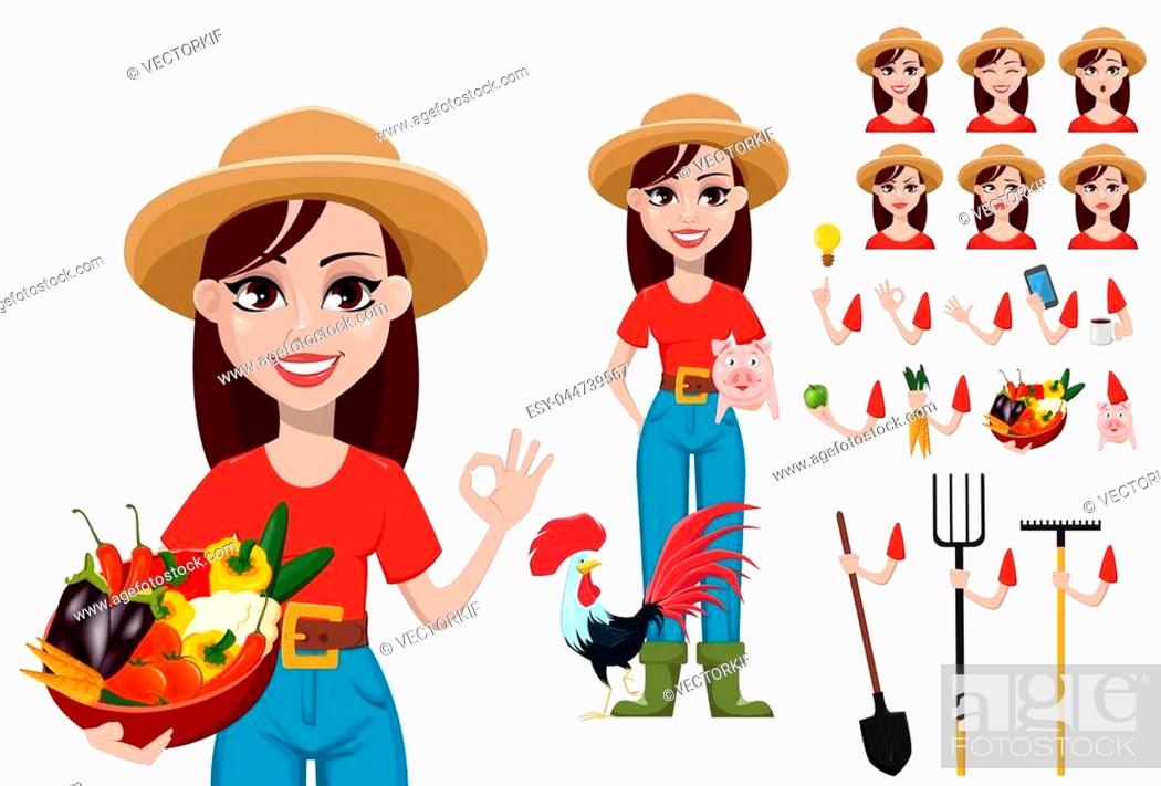 Woman farmer cartoon character creation set. Pretty female gardener, pack  of body parts and emotions, Stock Vector, Vector And Low Budget Royalty  Free Image. Pic. ESY-044739567 | agefotostock