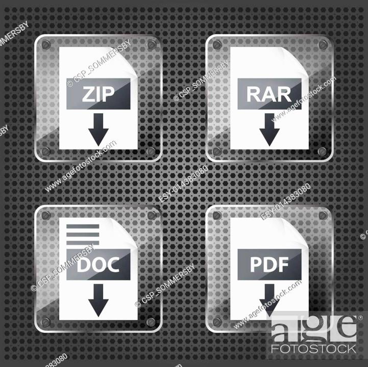 Stock Photo: set of transparency rar, zip, doc and pdf download icons on a mettalic background.