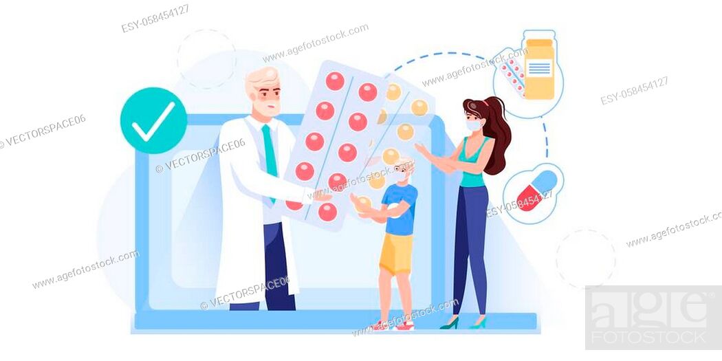 Vector cartoon flat patients, doctor characters. Physician character gives  medications drugs to..., Stock Vector, Vector And Low Budget Royalty Free  Image. Pic. ESY-058454127 | agefotostock