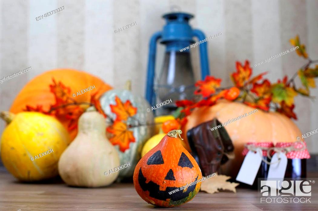 Stock Photo: ripe pumpkin on the wooden floor of different kinds and sizes of harvest.